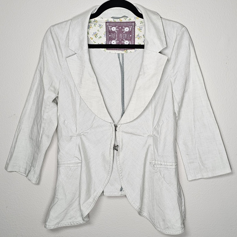 Free People Womens 4 Blazer‎ Linen Blend 3/4 Sleeve Striped Green White Jacket